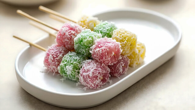 Traditional Indonesian Kue Cenil skewers made from tapioca flour with grated coconut. Colorful street food dessert on a white plate. Ideal for authentic Asian cuisine and recipe content.
