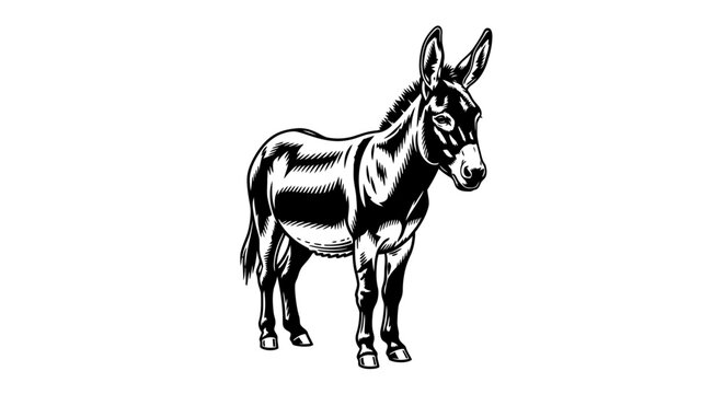High Contrast Black and White Vector Illustration of a Donkey in Full Body Pose
