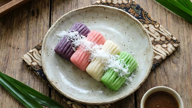 Traditional Indonesian dessert Getuk featuring vibrant purple, pink, and green colors. A high-quality food photo suitable for travel magazines, cookbooks, and culinary heritage content.