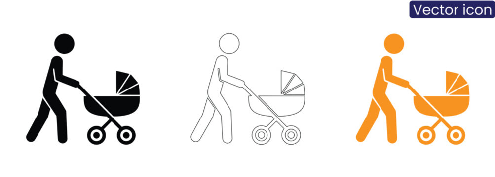 Vector icons of a person pushing a baby stroller in black, line art, and orange on a white background, suitable for parenting and childcare concepts