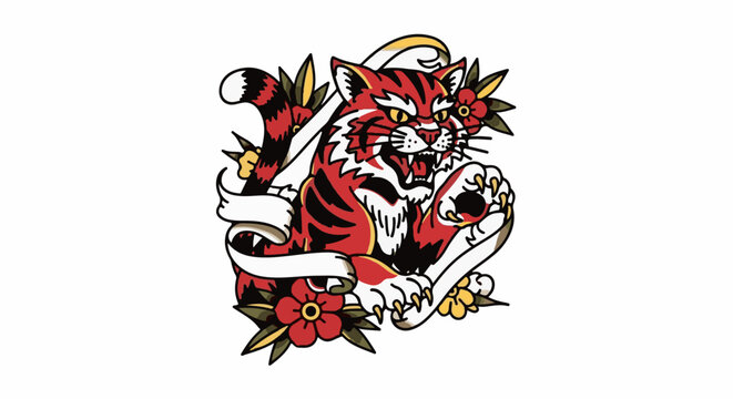 Aggressive red tiger with traditional tattoo style, flowers, and banner