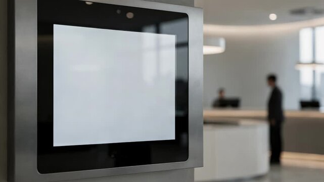 Selfservice wall unit kiosk in medium shot sharp focus on the screen displaying checkin options with surroundings gently out of focus for modern automated arrival concept.