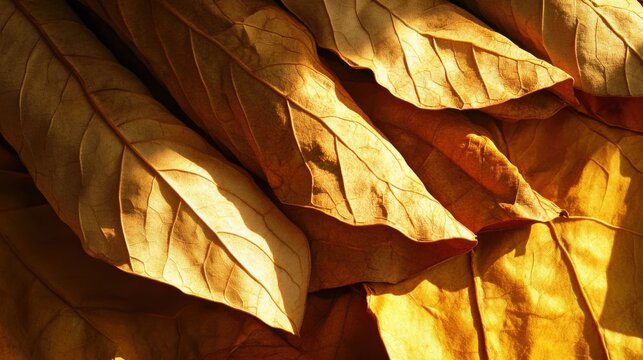 Close up of sun cured tobacco leaves with detailed textures