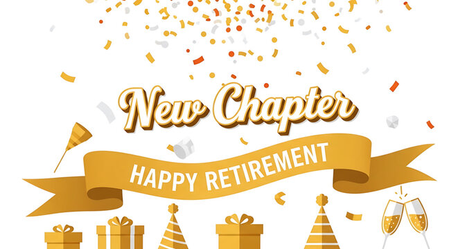 A vibrant vector graphic celebrating a happy retirement with a new chapter in life