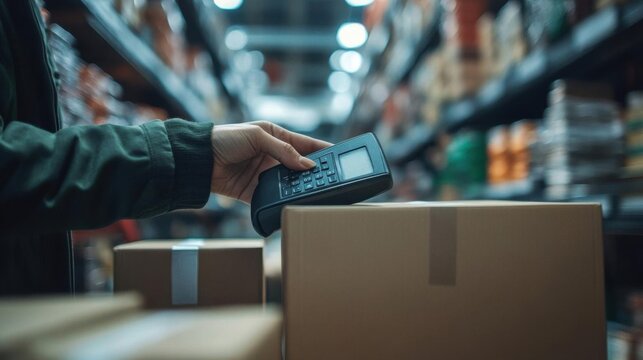Close-up of a man using a calculator in a warehouse.