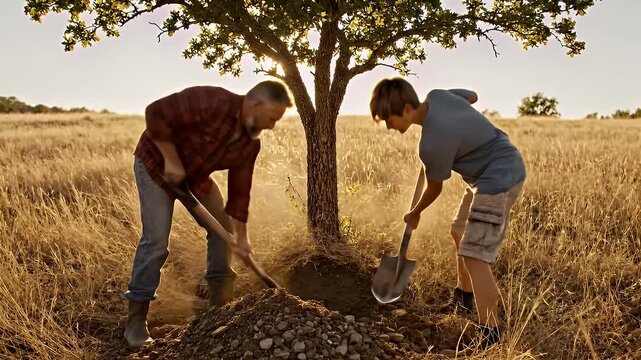 Father and son shoveling dirt near tree in golden field