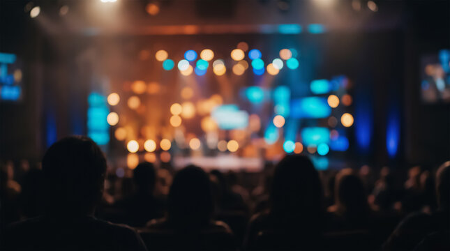 A deliberately defocused image for text overlay. People are sitting in chairs in a dark auditorium, waiting for a concert, show, or other event to begin