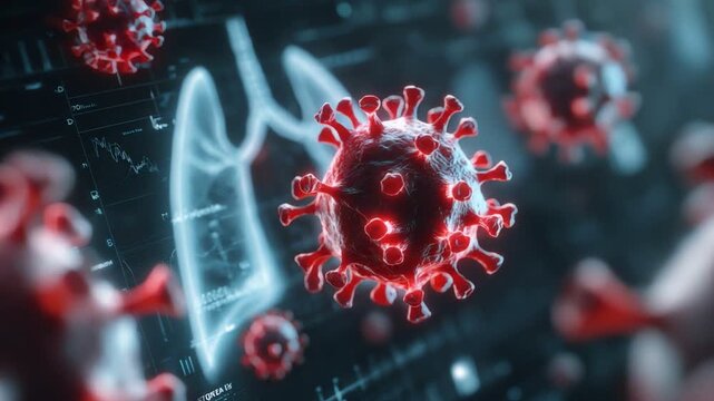 3D depiction of a virus attacking human lungs.