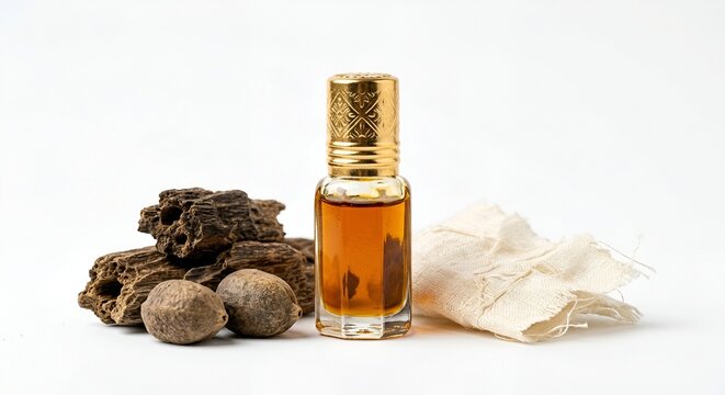 Essential Oil Bottle with Agarwood Chips and Natural Ingredients on White Background.