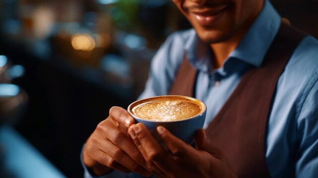 A Barista Smiling While Holding a Beautifully Crafted Latte in a Blue Cup, Showcasing Delicate Foam Art in a Cozy Caf&eacute; Setting