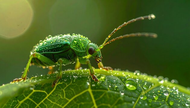 Green Weevil Beetle on Wet Leaf Closeup.