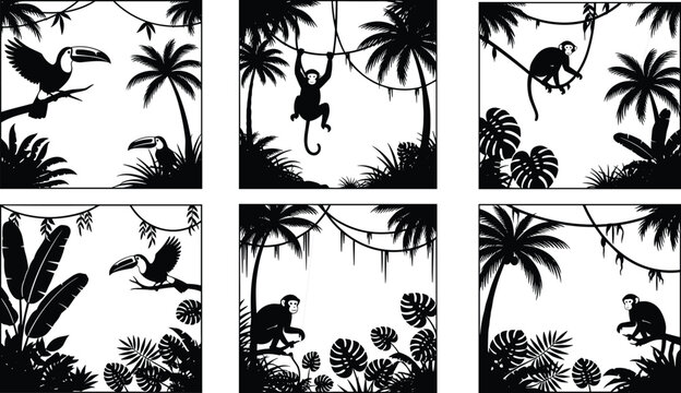 Tropical jungle scenes with monkeys, toucan birds, and palm trees, detailed black silhouette illustrations for exotic wildlife design, rainforest themes, and nature artwork