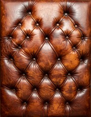 Obraz premium Close-up of a brown leather surface. Featuring a quilted pattern with button accents. Texture and natural variations are prominent