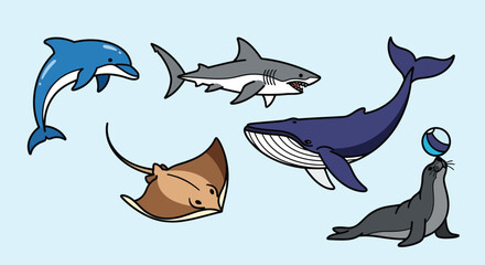 Fototapeta premium Sea Animals Cartoon Set with Shark Whale Dolphin Stingray and Seal Playing Ball Isolated on Blue Background Vector Illustration