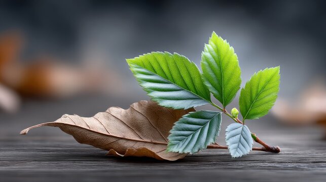 New leaves grow on dry leaf in a natural setting with a smooth wooden surface