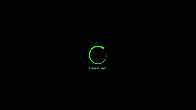 Green loading circle animation with please wait text for technology backgrounds and presentations