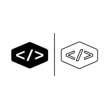 Hexagon programming code tag icon set featuring solid and outline symbols for software development