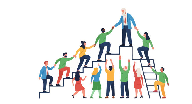 Diverse Team Climbing Ladder with Leader Offering Support & Mentorship for Career Growth and Collective Success
