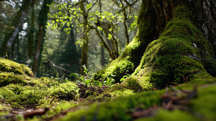 Obraz premium Enchanting Forest Awakening: Ancient Trees, Mossy Textures, and Sunbeams in Spring