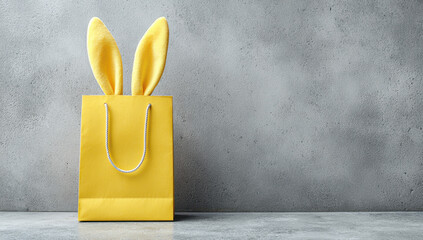 Fototapeta na wymiar Yellow shopping bag displaying bunny ears, symbolizing easter shopping, spring holidays, gifts, and seasonal sales