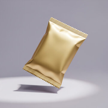 Shiny gold rectangle package mockup floating against a gradient background with dramatic lighting and shadow