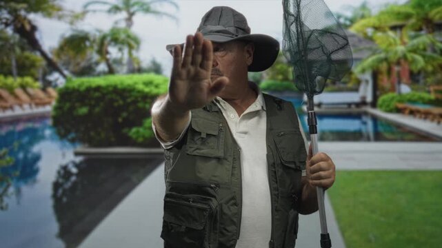 Man fisherman wearing hat and vest holding net with palm to camera for stop at building pool area; caution safety.