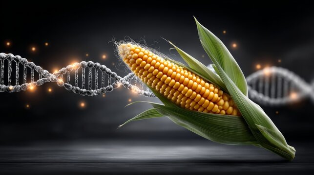 Genetically modified corn beside a DNA helix in a dark background setting