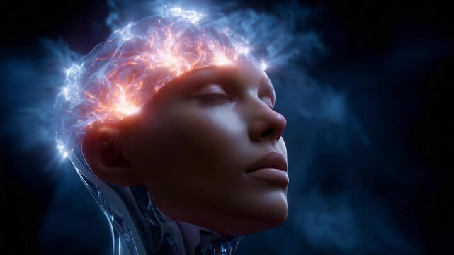 A Futuristic Depiction of a Human-like Robot Contemplating Creativity and Innovation with Electric Energy Emanating from Its Brain in a Dark Atmosphere
