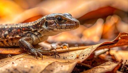Fototapeta premium Small lizard on dry leaves outdoors.