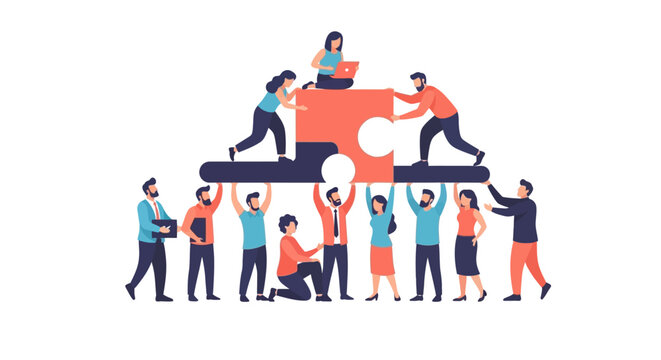 Teamwork and Collaboration: Business People Building a Solution Together with Puzzle Pieces