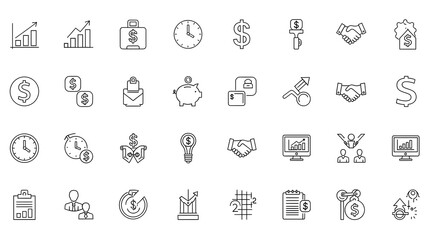 Fototapeta premium A collection of 36 small illustrations arranged in four rows of nine depicting various objects and symbols