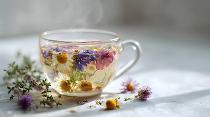 Fototapeta premium Floral herbal infusion with chamomile lavender and rose in clear glass teacup with soft steam clean minimal wellness composition