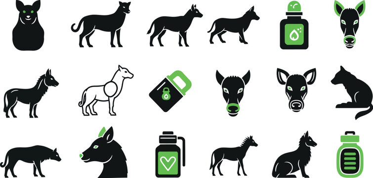 Donkey and dog icons in black and green on white background