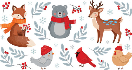Winter Animal Collection with Fox, Bear, Deer, Birds, and Snowflakes, Featuring Red Scarves, Hats, and Berries © Sanjida