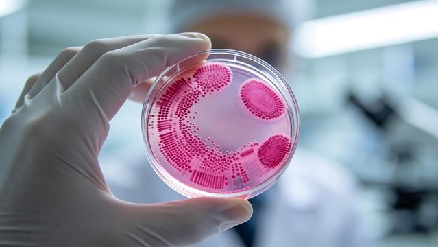 Scientist holding petri dish with bacterial culture