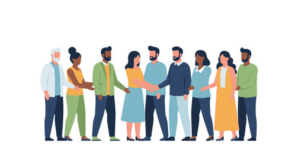Fototapeta premium Diverse Group Collaboration & Partnership Vector. Business Team Handshakes, Unity, Support, and Global Connection. Flat People Illustration.