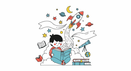 Fototapeta premium Vector illustration of a young boy reading an open book surrounded by space elements like a launching rocket, stars, planets, and telescope.