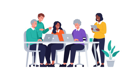 Obraz premium Diverse Business Team Collaborating at Office Table with Laptops, Mentorship and Digital Work - Flat Vector Illustration