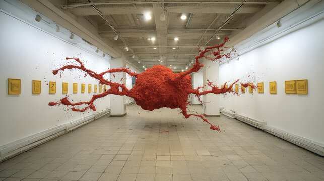 Dynamic Red Abstract Sculpture in Modern Art Gallery