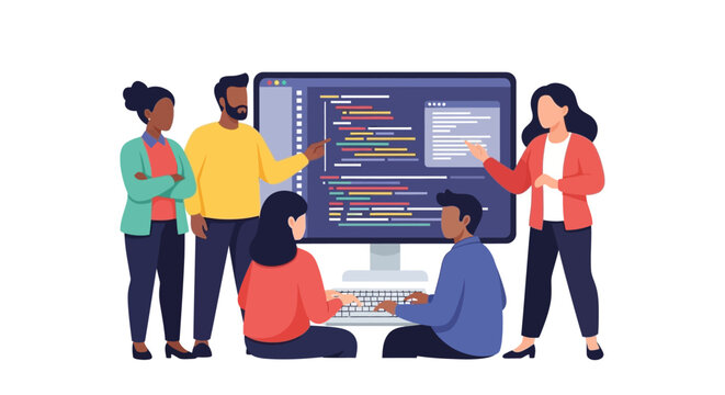 Diverse Software Development Team Collaborating on Coding Project, Discussing Code on Large Monitor - Flat Vector Illustration