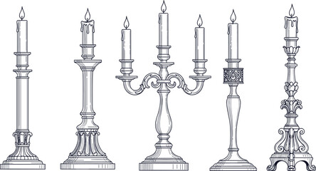 Fototapeta premium Hand-Drawn Vintage Candleholders with Multiple Candles in Classic and Elegant Designs for Decorative and Home Decor Illustrations