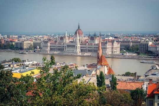 Panoramic view of the amazing building of Hungarian Parliament in Budapest.