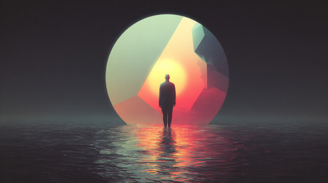 Solitary Figure Before a Luminous Geometric Portal in Water