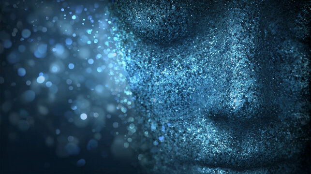 Abstract Blue Glittering Face with Digital Bokeh Background