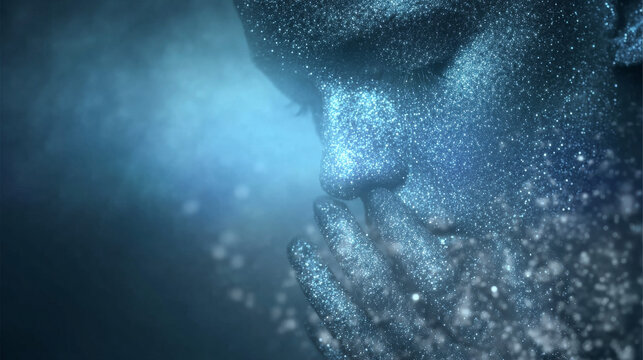 Ethereal Human Face and Hand with Shimmering Blue Particles