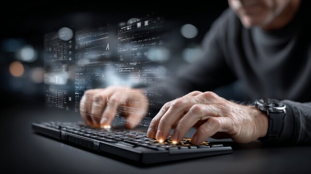 Hands typing on a keyboard with digital data overlay in a dark environment