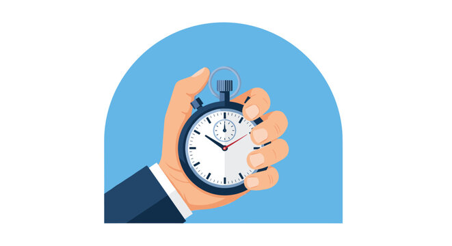 Businessman's hand holding a professional stopwatch against a blue circular background representing efficient time management and deadlines.