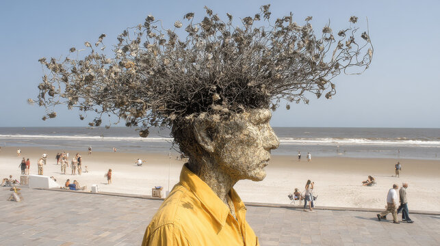 Large Artistic Head Sculpture with Tree-like Hair on a Sunny Beach