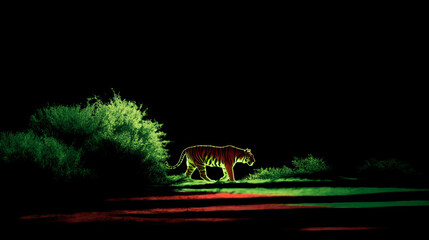 Naklejka premium Neon Glowing Tiger Walking at Night