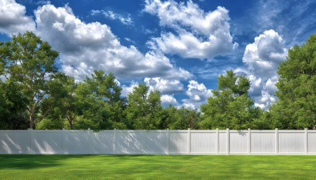 A green lawn is lined with a white vinyl fence under a blue sky with clouds. Tall trees in the background provide shade and privacy. Clean backyard space.